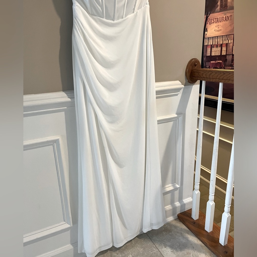 Strapless White Evening Gown with Front Slit - Picture 12 of 13